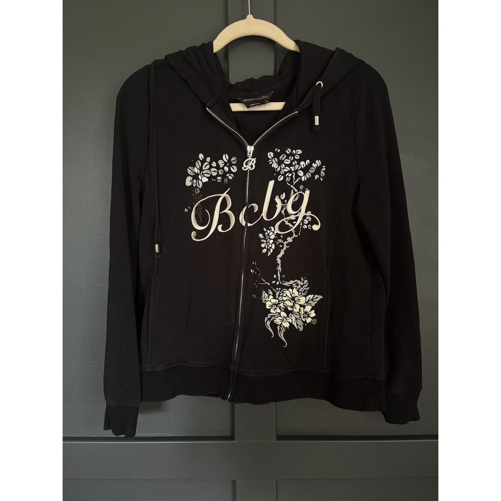 BCBG Max Azria Peacock Hoodie XL Y2K‎ Graphic Rhinestone Zip Jacket Bratz Artsy